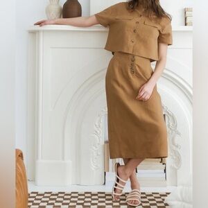 Women’s‎ WOMANCE Tan 1/4 buttoned Linen blend midi skirt size medium NWT